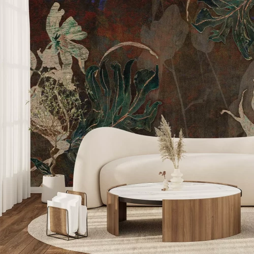 Fotobehang Tropisch bladpatroon op een bruin oppervlak