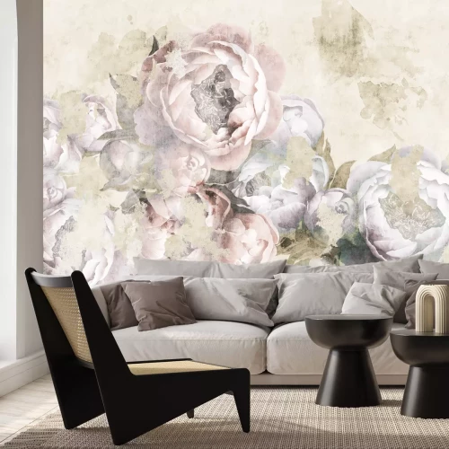 Fotobehang Subtiele roze pioenrozen met zachte bloemblaadjes