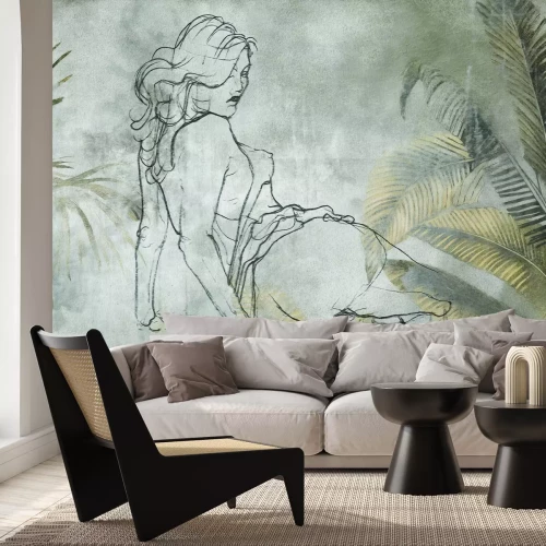 Fotobehang Illustratie van een vrouw tegen een achtergrond van weelderige vegetatie