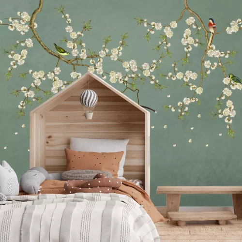 Fotobehang Delicate kersentakjes met vogelaccenten