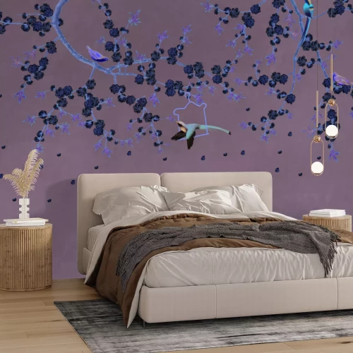 Fotobehang Delicate kersentakjes met vogelaccenten