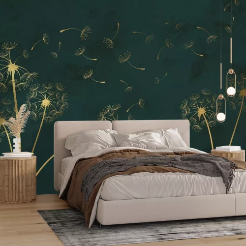 Fotobehang Gouden paardenbloemen op donkergroen