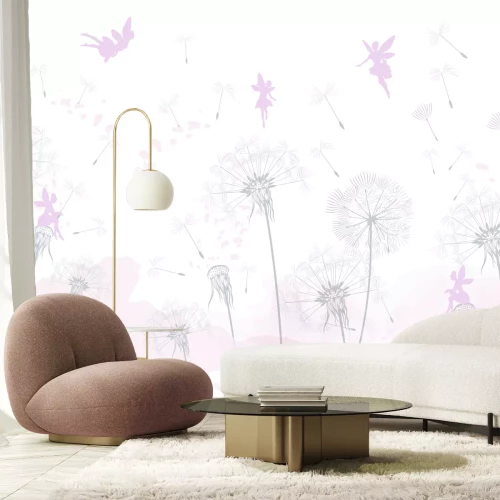 Fotobehang Paardenbloemen in de wind met feeën