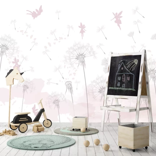 Fotobehang Paardenbloemen in de wind met feeën