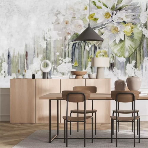 Fotobehang Muurschildering met witte leliebloemen