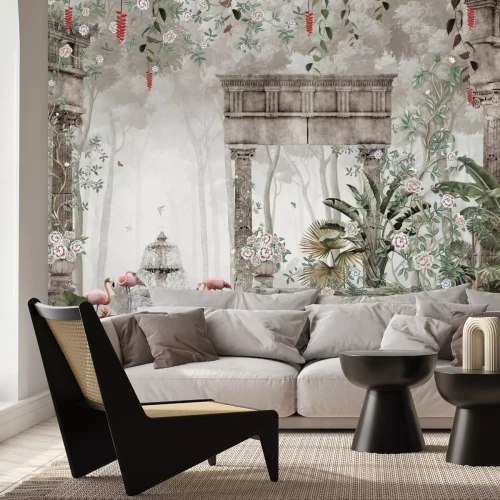 Fotobehang Tropisch bos met fontein en zuilen