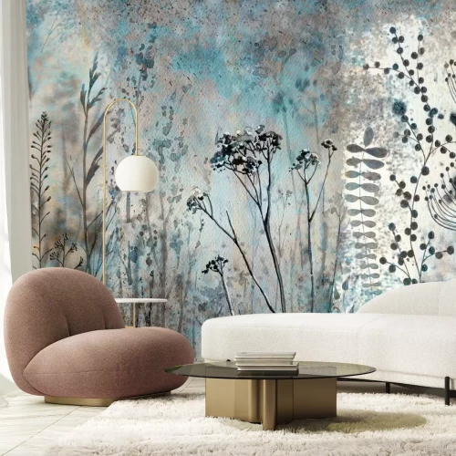 Fotobehang Abstract aquarelschilderij van een weide met bloemen