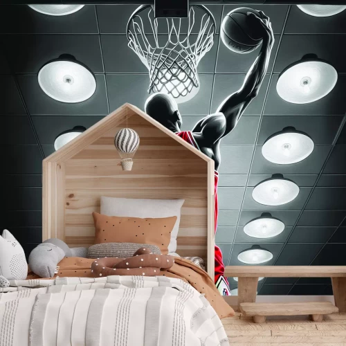 Fotobehang Een speler gooit de bal in de basket