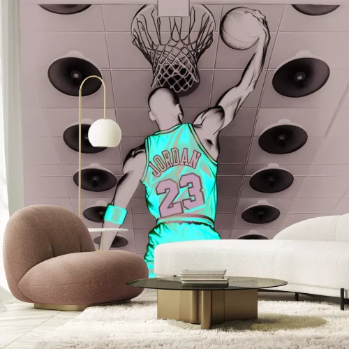 Fotobehang Een speler gooit de bal in de basket