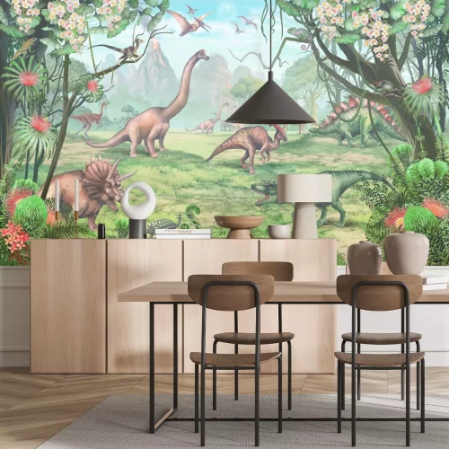 Fotobehang Dinosaurussen in de tropen met vulkanen