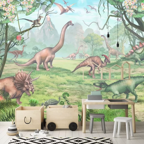 Fotobehang Dinosaurussen in de tropen met vulkanen