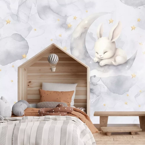 Fotobehang Aquarellucht met een konijntje op de maan