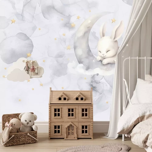 Fotobehang Aquarellucht met een konijntje op de maan