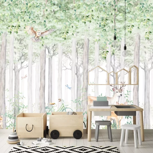 Fotobehang Bosvegetatie met herten en reeën