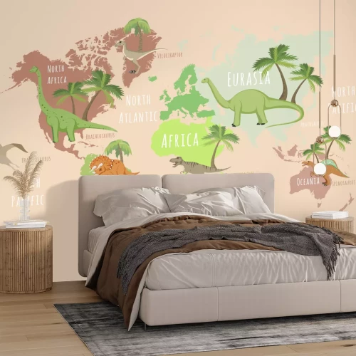 Fotobehang Wereldkaart met dinosaurussen en palmbomen