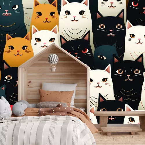 Fotobehang Een tekening vol kleurrijke katten