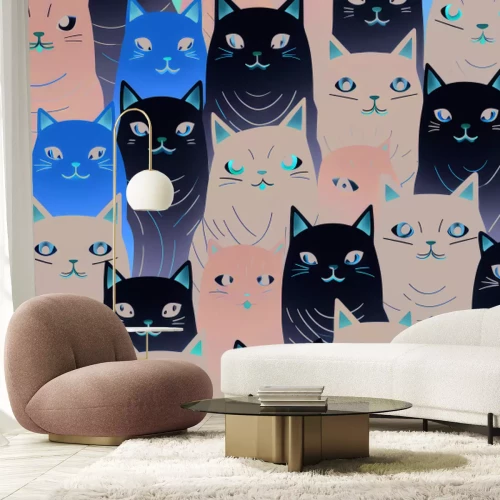Fotobehang Een tekening vol kleurrijke katten