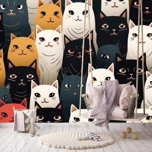Fotobehang Een tekening vol kleurrijke katten