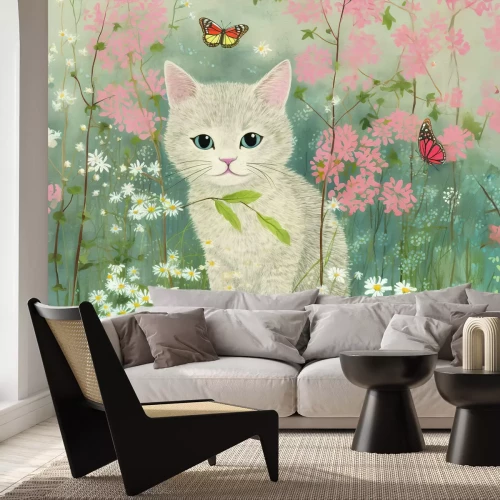 Fotobehang Een kat tussen bloemen en vlinders in een weide