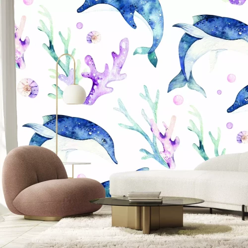 Fotobehang Geschilderd dolfijn- en koraalrifmotief
