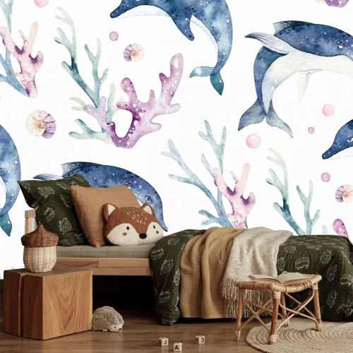 Fotobehang Geschilderd dolfijn- en koraalrifmotief