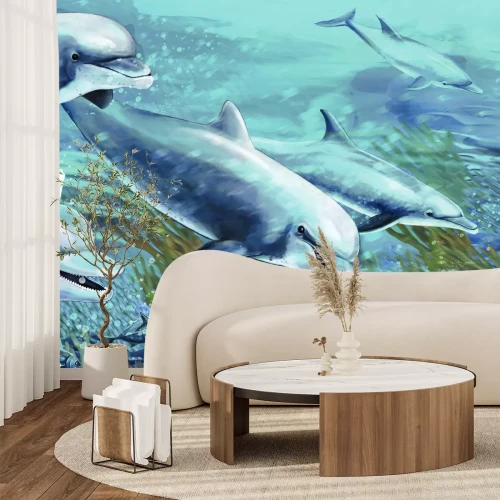 Fotobehang Dolfijnen zwemmen tussen koraalriffen