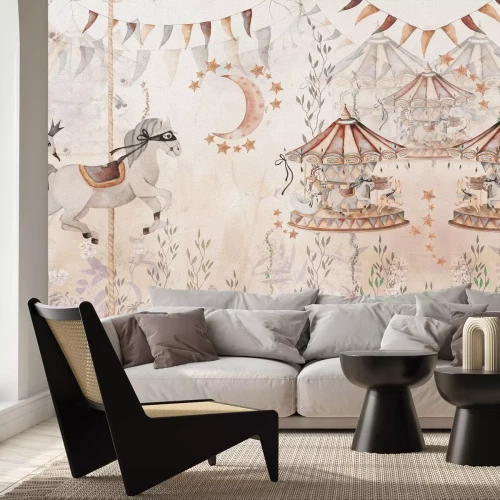 Fotobehang Fantasierijke begroeiing met draaimolen en paarden