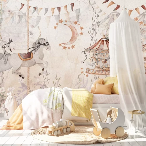 Fotobehang Fantasierijke begroeiing met draaimolen en paarden