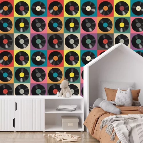 Fotobehang Kleurrijke vinylplaten op een geometrische achtergrond