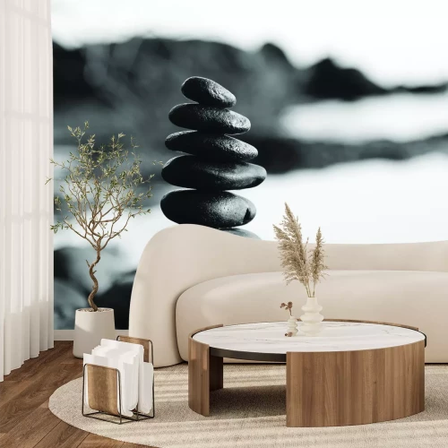 Fotobehang Zwarte en witte kiezels tegen de achtergrond van de zee