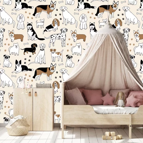 Fotobehang Getekende honden tussen poten en botten