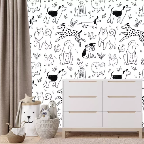 Fotobehang Cartoonhonden op de achtergrond van de weide