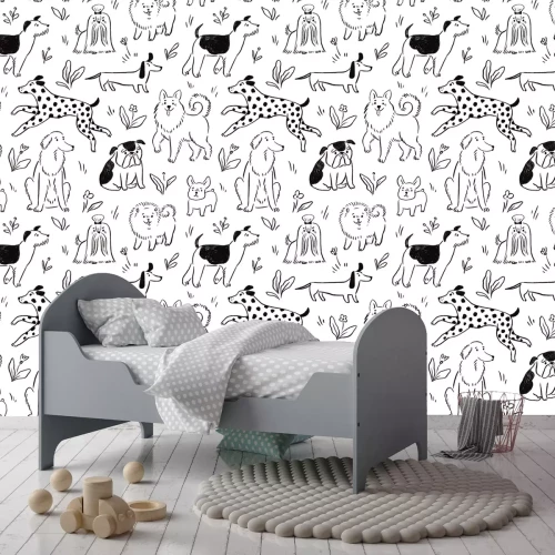 Fotobehang Cartoonhonden op de achtergrond van de weide