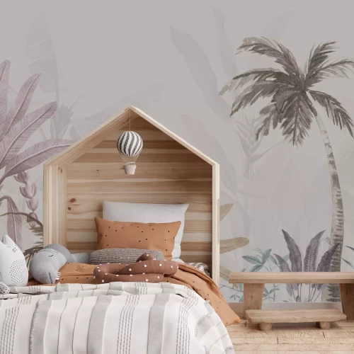 Fotobehang Kleurrijke palmbomen op een grijze achtergrond