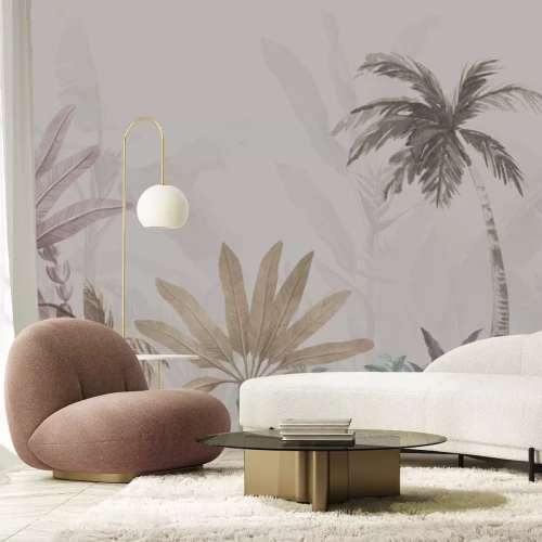 Fotobehang Kleurrijke palmbomen op een grijze achtergrond