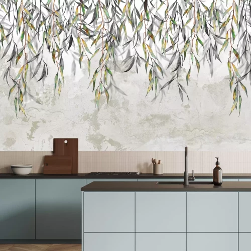 Fotobehang Hangende groene scheuten van een boom met bladeren