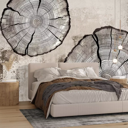 Fotobehang Boomstamringen op een beige textuur