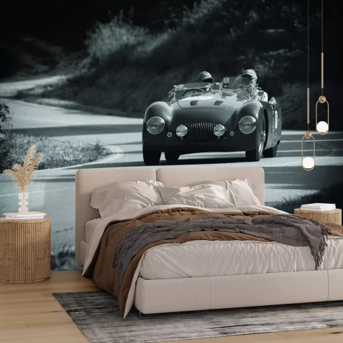 Fotobehang Zwart-witfoto van een retro-auto
