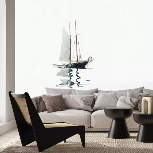 Fotobehang Een delicate aquarel van een boot met een zeil op het water