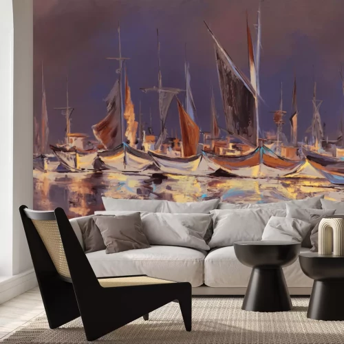 Fotobehang Een schilderachtig patroon met zeilboten op het water