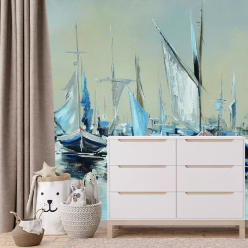 Fotobehang Een schilderachtig patroon met zeilboten op het water