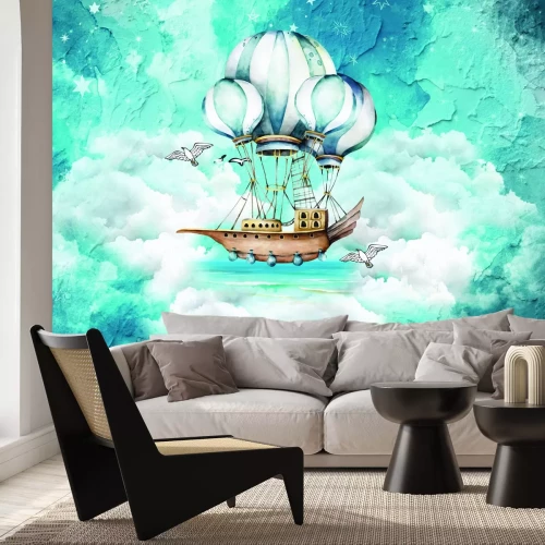 Fotobehang Een sprookjesachtig schip met ballonnen in de wolken