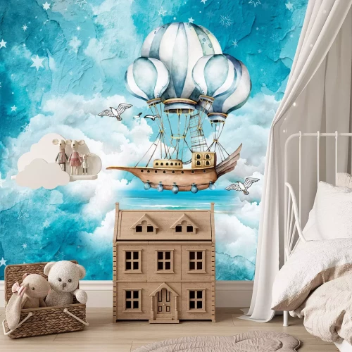 Fotobehang Een sprookjesachtig schip met ballonnen in de wolken