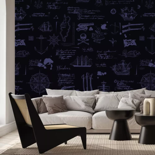 Fotobehang Klassiek piratenpatroon met schepen en kompassen