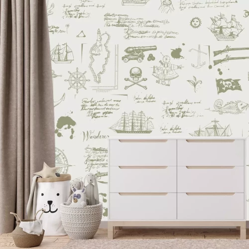 Fotobehang Klassiek piratenpatroon met schepen en kompassen