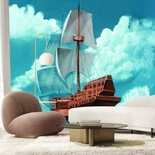 Fotobehang Een klassiek houten schip met gespreide zeilen