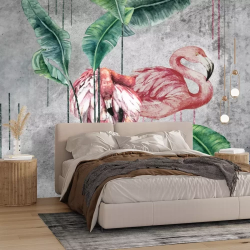 Fotobehang Flamingo's en tropische bladeren in aquarelstijl