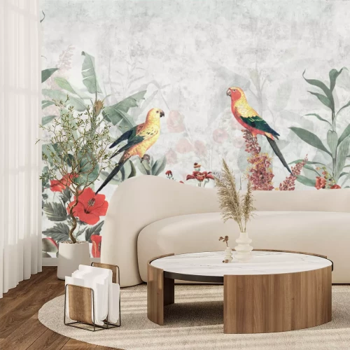 Fotobehang Rode bloemen, tropische bladeren en papegaaien