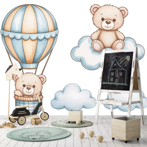 Sticker Beren ballon en lichtblauwe wolkjes