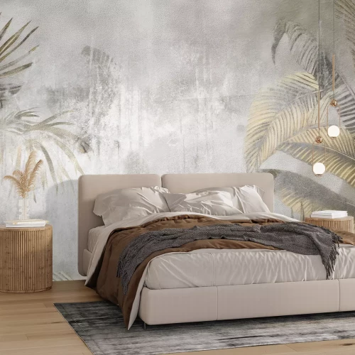 Fotobehang Grote tropische palmbladeren in loftstijl